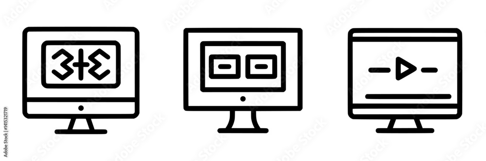 Poster vector illustration of three computer monitors displaying various digital content and designs in a m