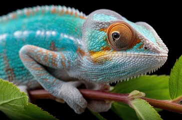 Obraz premium A colorful chameleon on a green plant, against a black background