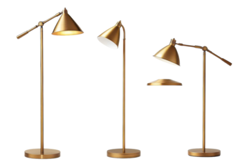 Elegant brass adjustable floor lamps perfect for modern interiors showcasing three styles with a sleek design against a black background on transparent background