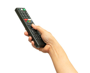 Asian woman use finger of left hand to press button on television remote control isolated on white background with clipping path.
