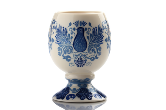 Porcelain Birdsong: A Delicate Egg Cup Adorned with Cobalt Blue Folk Art Motifs and a Stylized Bird, Evoking Traditional Craftsmanship - Powered by Adobe