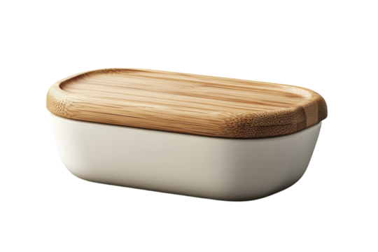 Elegant off white ceramic butter dish with a natural bamboo wood lid perfect for modern kitchens and stylish tablescapes Clean lines and on transparent background