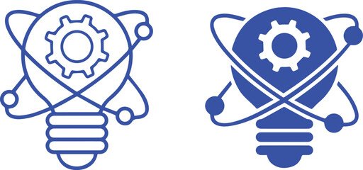 Light bulb icon, gear symbol, crossed tools, industrial design, blueprint style, blue and white illustration, minimalist logo, technology concept, innovation graphic