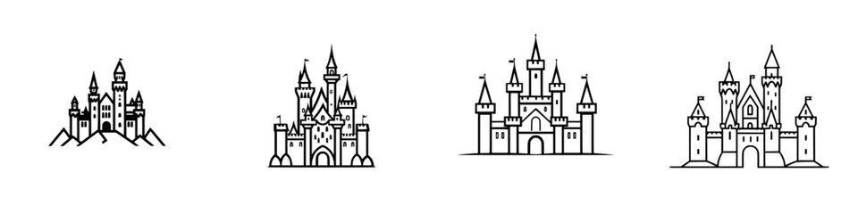 Obraz premium Vector illustration featuring castle designs in a minimalistic style showcasing various architectural features and styles