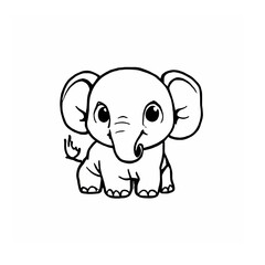 Fototapeta premium A little elephant cartoon black silhouettes line sketch colouring kids book page isolated on white background