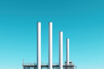 Industrial Skyline: A minimalist composition of tall, cylindrical industrial chimneys against a clear, vibrant turquoise sky, evoking a sense of order, efficiency, and the raw power of industry.
