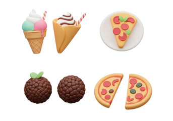 Colorful Dessert Illustrations Featuring Ice Cream Cones and Pizza Slices on a Transparent Background