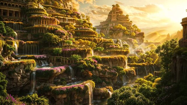 Hanging Gardens of Babylon recreated in vivid digital art, showing terraced structures with cascading waterfalls, vibrant pink flowers, and lush greenery against a golden sky with distant mountain
