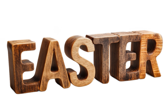 Rustic Easter Greetings: Three-Dimensional Wooden Letters Spell Out the Holiday, Casting a Warm Glow on Traditions and Creating a Festive Atmosphere.