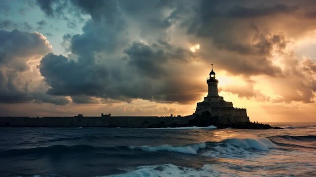 Dramatic lighthouse silhouetted against a stormy sunset sky with brilliant sun rays breaking through dark clouds, illuminating turbulent ocean waves crashing against rocky shores