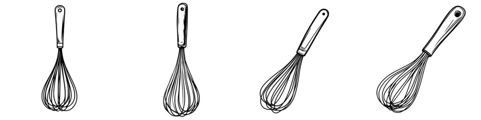 Variety of whisk tools displayed in a vector illustration for cooking and baking activities in a kitchen setting