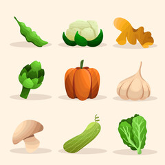 Set of cute and fun garden vegetable elements.Peas, Cauliflower, Ginger, Artichoke, Pumpkin, Garlic, Mushroom, Cucumber, Squash, Lettuce Vector Illustration
