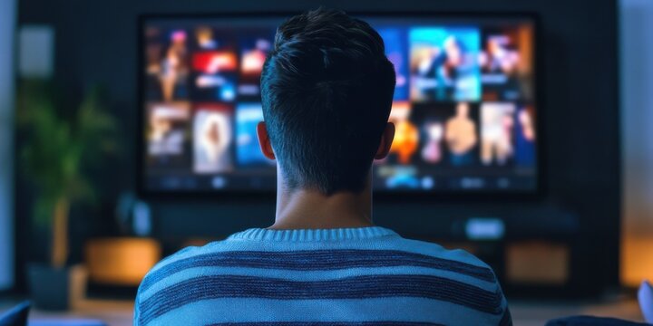 Individual watches streaming service content in a cozy living room setting during the evening