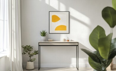 console table in the corner of the room, modern console table, painting above the console table, white curtains beside the console table