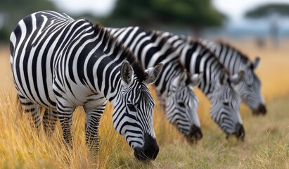 Fototapeta premium A herd of zebras grazing in the savanna, their black and white stripes standing out against the golden grassland