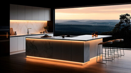 Modern kitchen boasts counter lighting marble textures and a stunning view of rolling hills at sunset through expansiv