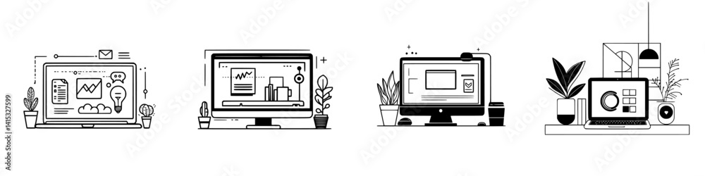 Poster vector illustration icon representing digital workspace concepts with various computer screens and p