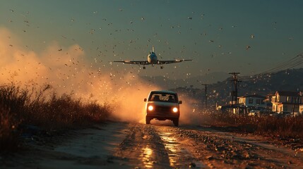 Fototapeta premium Car Driving Down Rural Road with Airplane Flying Overhead