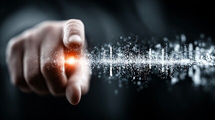 Futuristic Hand Reaching Out with Digital Particles and Light Effects