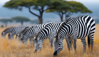 Fototapeta premium A herd of zebras grazing in the savannah, their black and white stripes standing out against the golden grasses