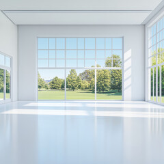 Fototapeta premium Bright and Spacious Modern Interior with Large Windows and Nature View