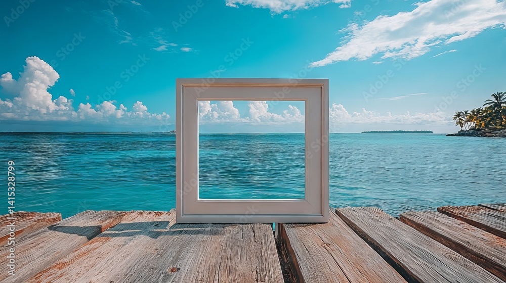 Poster a white polaroid picture frame stands prominently on a rustic wooden dock, overlooking the tranquil 
