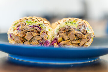 Grilled beef chicken shawarma wrap ready to eat