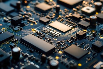 Close-up view of a complex circuit board highlighting electronic components and connections