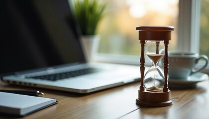 Hourglass nearly empty beside a closed laptop and unfinished coffee emphasizes procrastination and moments lost on a quiet desk