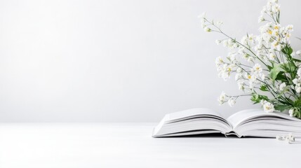 Open book with white flowers on white background