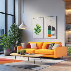 Modern Living Room with Bright Orange Sofa and Artistic Decor