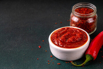 Traditional Korean fermented red chili pepper paste, Gochujang, spicy, sweet-salty, deep umami flavor, food ingredient for preparing asian dishes