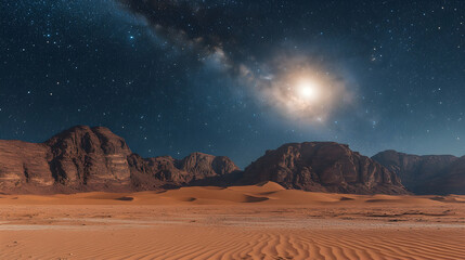 Obraz premium Starry night illuminates arid landscape with sand dunes majestic mountains Glowing cosmos above creates a surreal pi