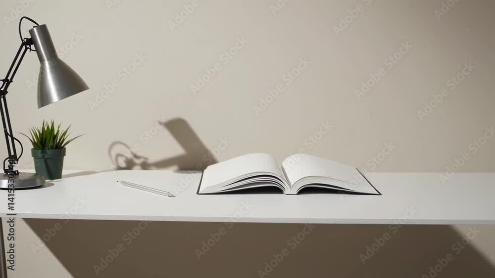 Aufkleber Minimalist workspace showing an open notebook on a white table, illuminated by a desk lamp, accompanied by a pencil and a small potted plant, creating a clean and productive atmosphere
