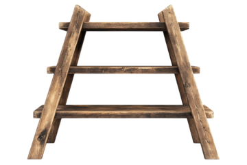 Rustic three tiered wooden shelf A frame design perfect for display or storage against a black on transparent background