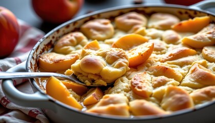 Baked peach cobbler in a white pan. Served with spoon, towel and fruits on the background