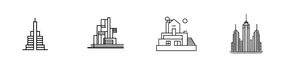 Obraz premium Vector illustration icons of various building structures showcasing modern architectural design styles and urban aesthetics