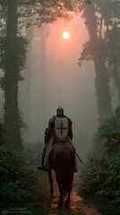 Naklejka premium Medieval Knight on Horseback at Dawn in Forest 