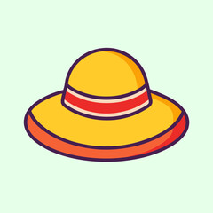 Stylized drawing of a yellow sun Summer Objects hat with red accents and trim