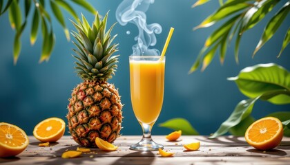 Refreshing blend pineapple and orange juice, steam rising in tropical leaves setting