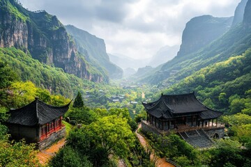 Mountain Valley Temples Aerial View of Chinese Architecture in Lush Landscape