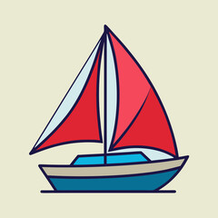 Stylized Sailing Boat with Red and Summer Objects Light Blue Sails on Calm Water