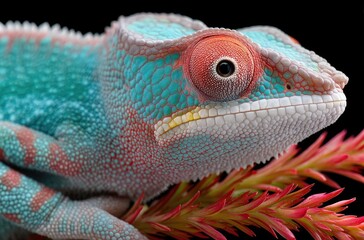 Fototapeta premium Colorful chameleon on the branch of a plant, against a black background