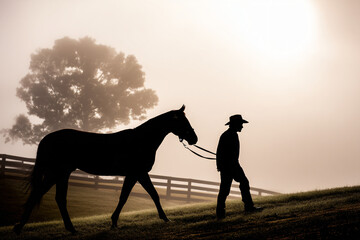 silhouetted ranch hand leading thoroughbred horse through fog-covered pasture as sun breaks over horizon