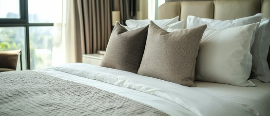Serene Bedroom Neutral Tones, Textured Pillows, Bright Window View