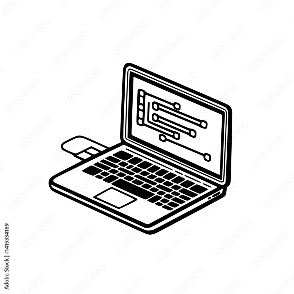 Poster vector illustration of a laptop displaying interactive software controls for user interface design