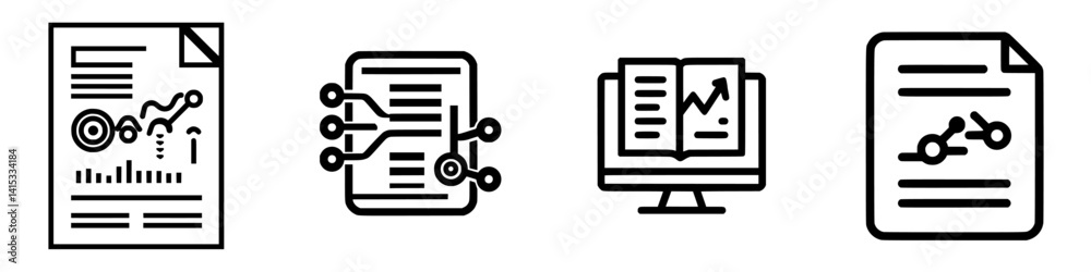 Poster vector illustration icons representing data analysis and report creation with charts, graphs, and do