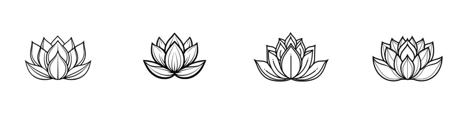 Elegant vector illustration of four distinct lotus flower icons in various stylized designs for decorative and branding purposes