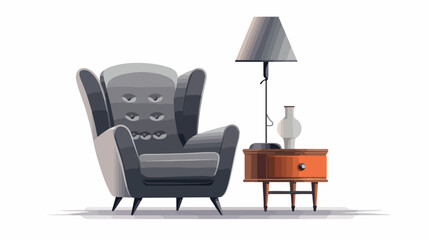 Modern Grey Armchair with Table Lamp, Rug on White Background - Professional Interior Design Concept