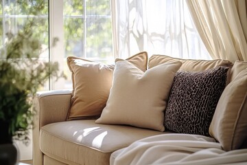 Fototapeta premium Sunlit Beige Sofa with Textured Pillows